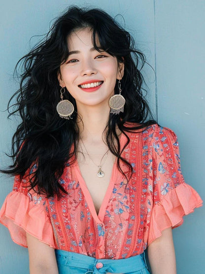 Summer Vintage Shirts Print Single Breasted V Neck Short Sleeve Ruffles Blouses