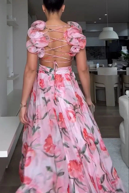 Women Chiffon Ruffle Edge Printing Maxi Dress V Neck Pleated High Waist Ankle Length Dress