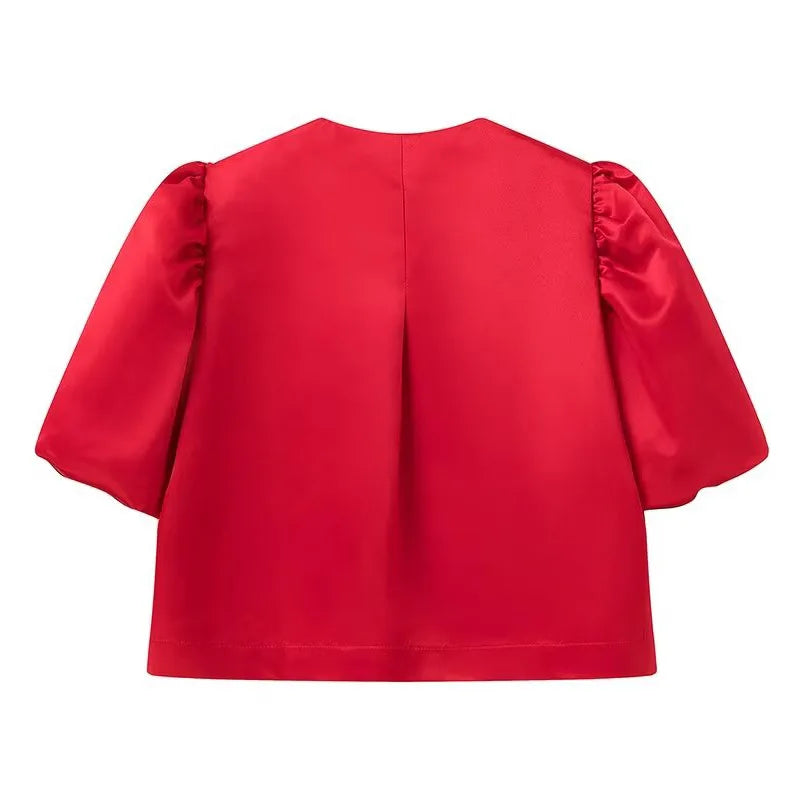 Solid Satin Women's Blouse Top With Pouf Balloon Sleeve O Neck Loose Blouses