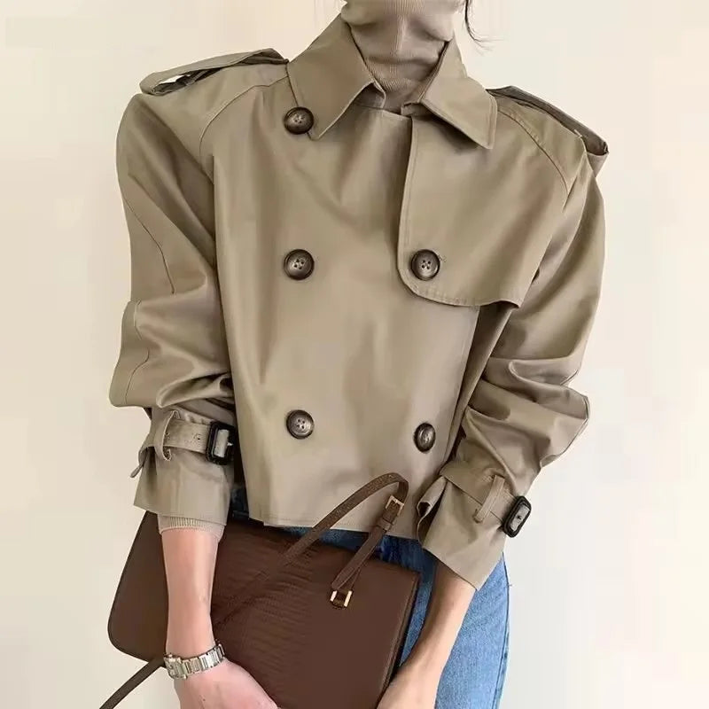 Vintage Double Breasted Crop Jacket Trench Jackets Women Loose Chic Windbreaker
