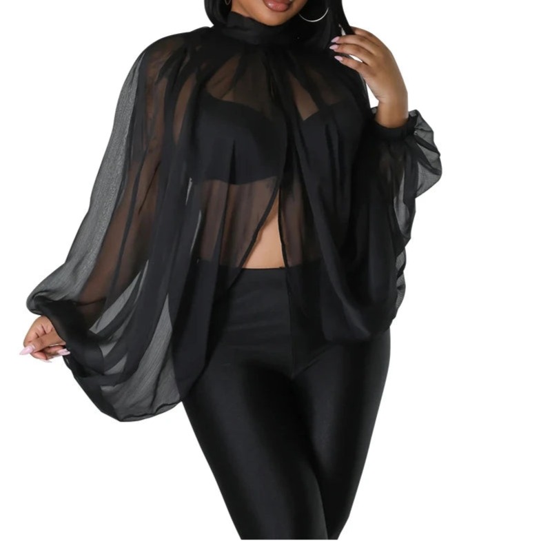 Womens Chiffon Blouse Sexy See Through Lantern Sleeve Front Back Open High Neck Blouses Tops