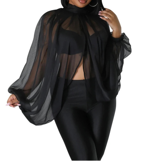 Womens Chiffon Blouse Sexy See Through Lantern Sleeve Front Back Open High Neck Blouses Tops