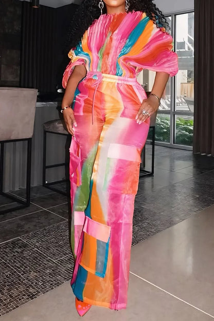 Plus Size Hot Pink Gradient Round Neck Batwing Sleeve Half Sleeve Cargo Pleated Two Piece Pant Sets