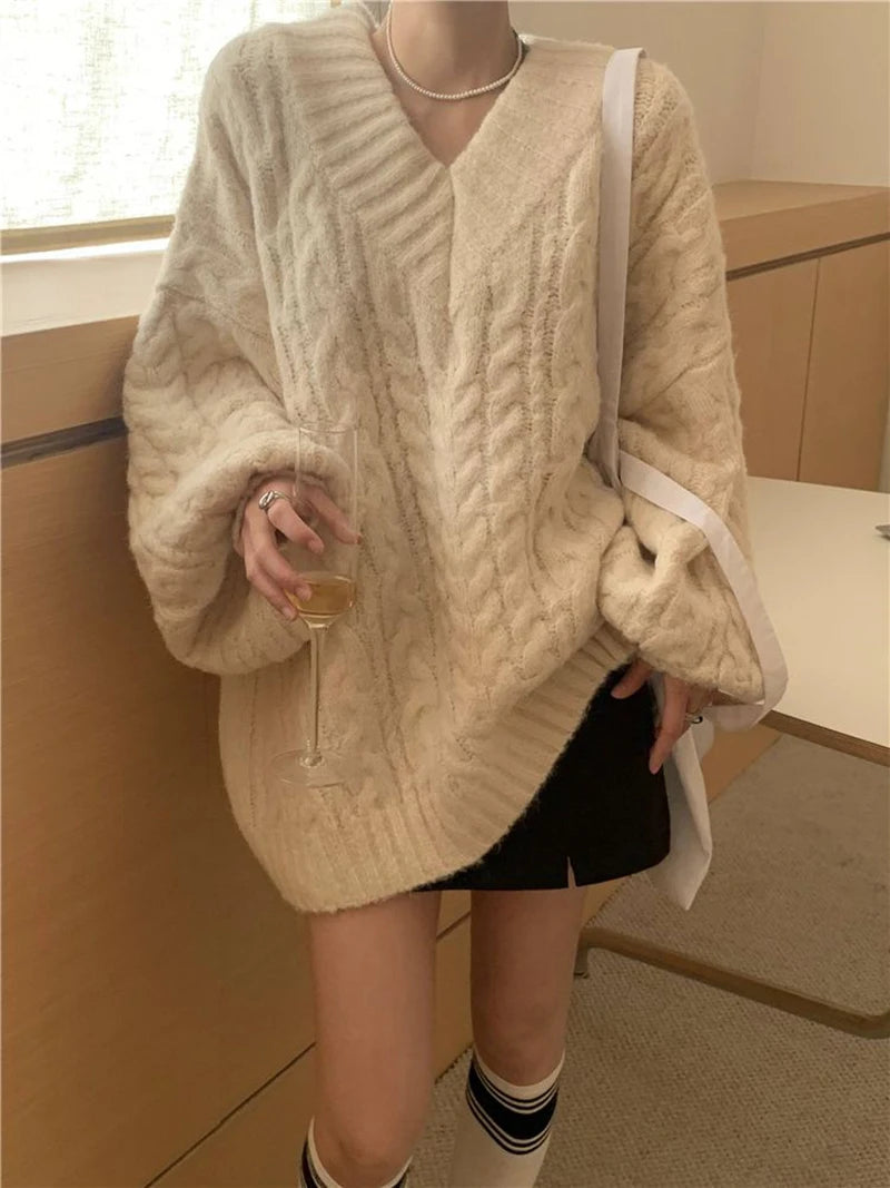 Harajuku Women Sweater Cute Oversized Knitted Pullover V Neck Sweater
