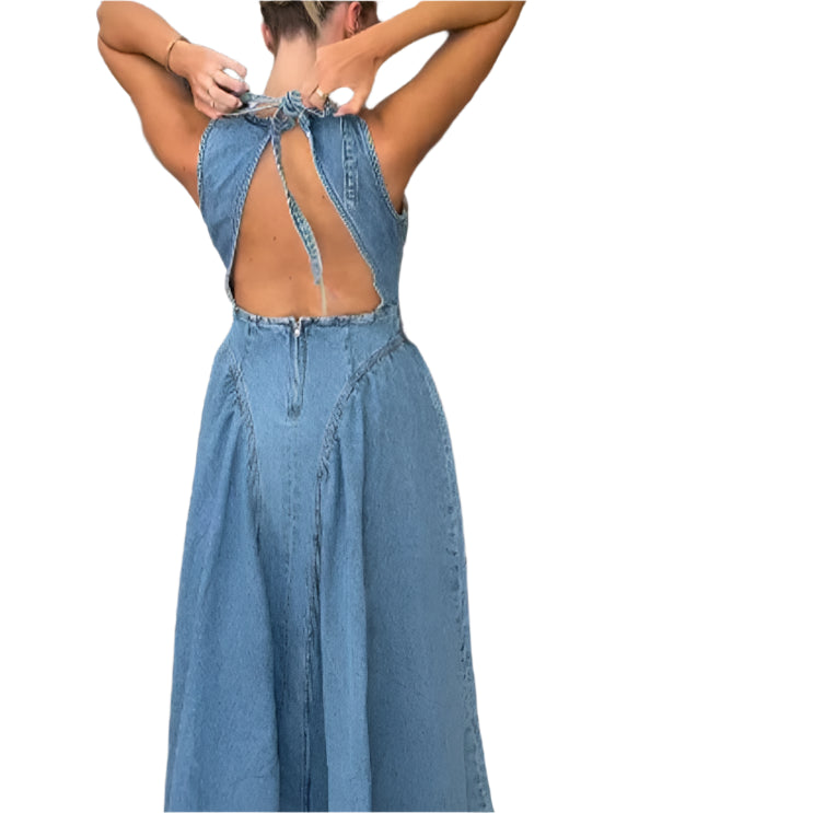 Women's Vintage Hollow Out Denim Maxi Dress Backless A Line Denim Robes Lace Up Dress