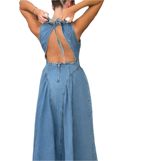 Women's Vintage Hollow Out Denim Maxi Dress Backless A Line Denim Robes Lace Up Dress