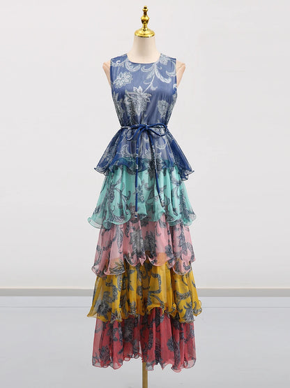 Colorful Print Ruffle Maxi Dress Spliced Lace Up Robe for Women Round Neck Sleeveless High Waist Patchwork Ruffles Dress
