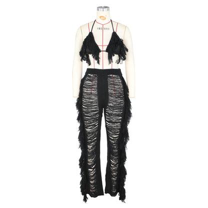 Tassel Knitted Pants Two Piece Set Resort Outfit Vacation Outfit Beach Cover Up