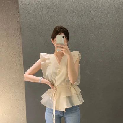 Lace Up Top Ruffled V-neck Sleeveless Shirts Blouse for Women