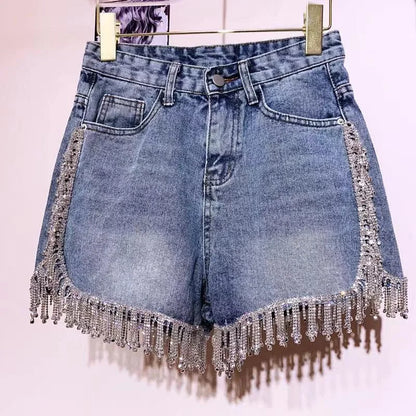 Rhinestones Fringed High Waist Hot Drilling Denim Shorts Diamonds Tassels Jeans Short