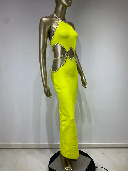 Sexy Backless Halter Beading Maxi Long Lemon Bandage Dress Cocktail Dress
