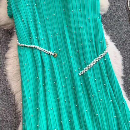 Summer Luxury Pearls Long Chiffon Dress For Women Loose Big Size Short Sleeve Crystal Birthday Evening Midi Pleated Dresses
