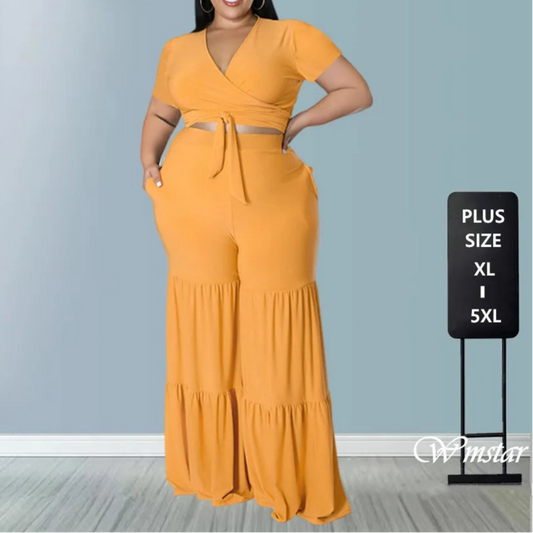 Plus Size Pants Sets Two Piece Outfits Summer Holiday Solid Bandage Top Wide Leg New Matching Suit