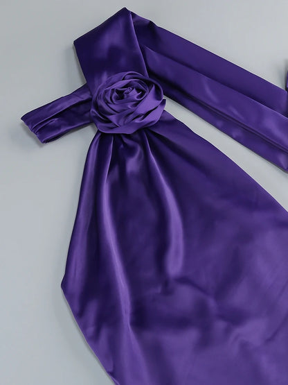 Bridesmaids Neck 3D Flower Backless Long Dress Women Purple Sleeveless Ribbon Draped Maxi Dress