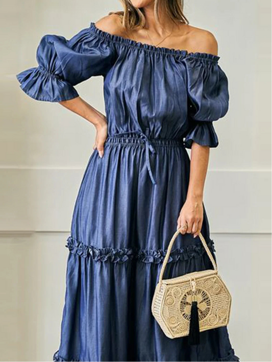 Women's Plus Size Off-Shoulder Dress Ruffle Sleeve Stretchy Elegant Vintage Casual Sweet Summer Long A-Line Pleated Gown