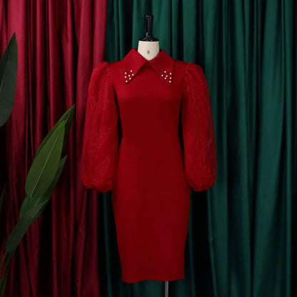 Elegant Office Dress fro Women Professional Full Sleeve Turn Down Collar Beaded Sheath Package Hips Mid Calf Formal Work Dress