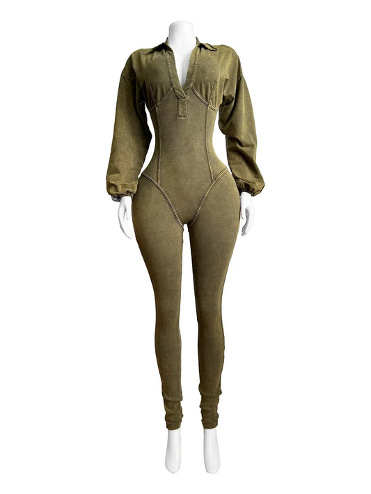 Jumpsuits Skinny Sheath Turn Down Collar Ankle Length Pencil Pants Jumpsuit Romper Overall