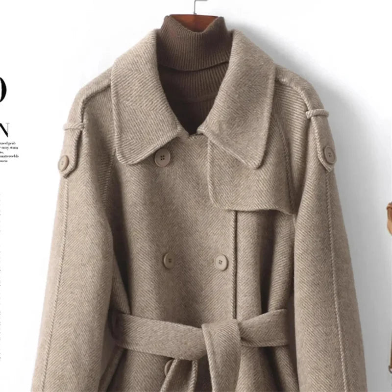 Woolen Coat New British style POLO collar Lace up Double breasted Coat