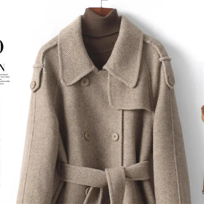 Woolen Coat New British style POLO collar Lace up Double breasted Coat