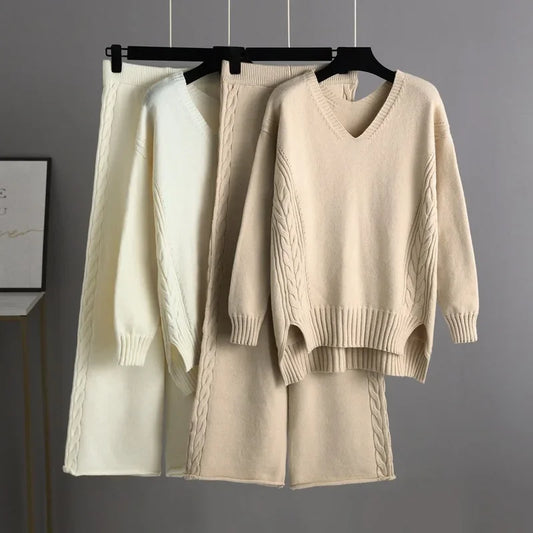 Thick Knit Sweater Set Women Tracksuit Solid Color V Neck Sweaters + Pant Two Piece Set