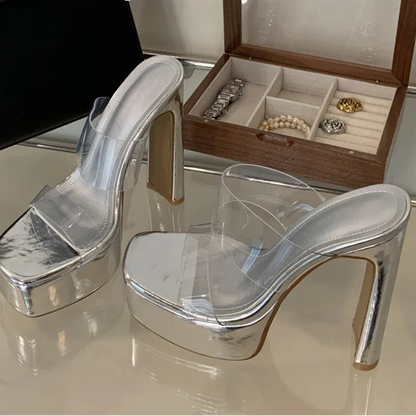 Designer PVC Transparent Platform Slippers Women Square Toe High Heels Slides Shoes