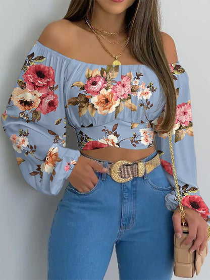 Women Sexy Off Shoulder Print Blouses Chic and Elegant Lantern Long Sleeve Cropped Top
