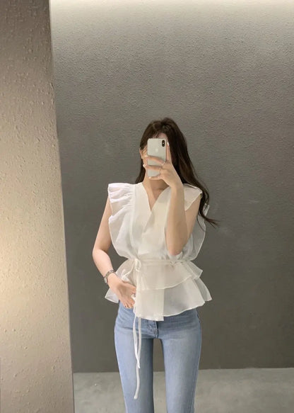 Lace Up Top Ruffled V-neck Sleeveless Shirts Blouse for Women