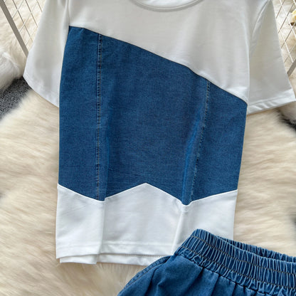 Women Denim pant sets Design Matching Color Short-sleeved T-shirt Tops + High-waisted Casual Pants
