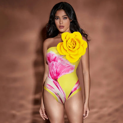 Yellow Printed Women 3D flower One Shoulder Beachwear with Skirt Two Pieces Sets Swimwear Bathing Suit