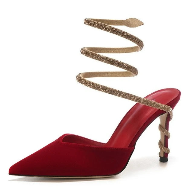 Women's Sexy Snake-Strap Rhinestone Suede Pointed High-heeled Wedding Shoes