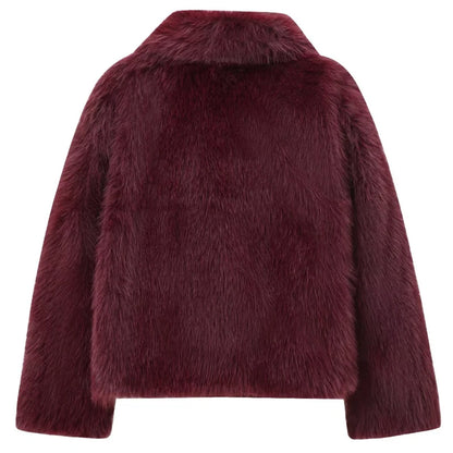Women's Fur Coat Plush Burgundy Bomber Jacket Solid Crop Jacket Winter Coats