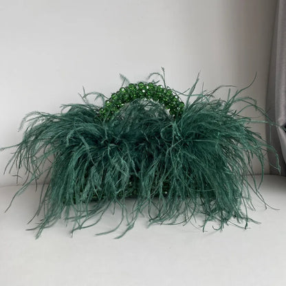 Pearl Bead Bag With Feather Fur Designer Brand Clear Acrylic Crystal Handbag Handmade