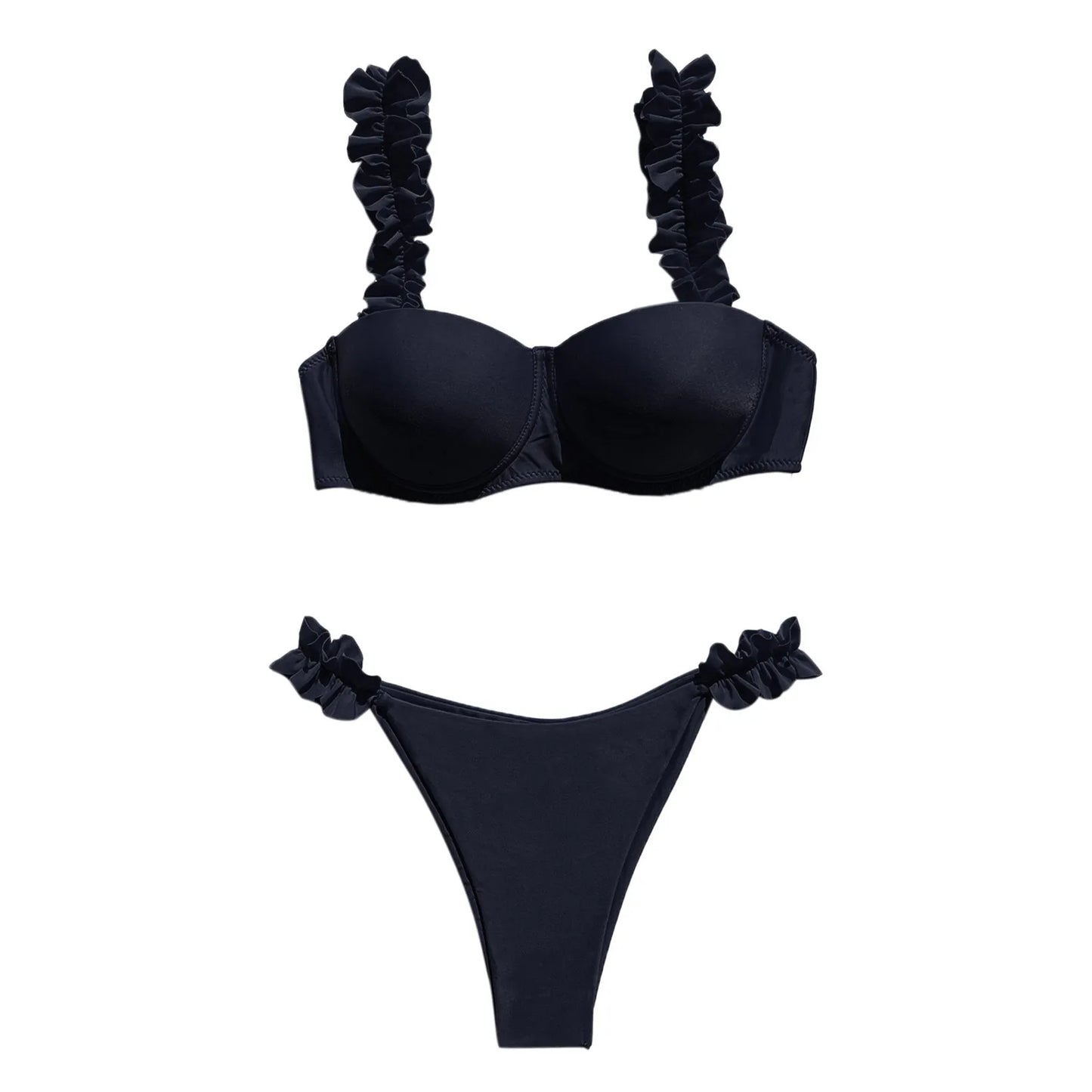 Black Red Push Up Bikinis Sets Ruffled Straps Swimwear Micro Thong Sexy Swimsuit Women Back Bow Bathing Suit