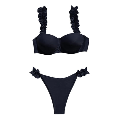 Black Red Push Up Bikinis Sets Ruffled Straps Swimwear Micro Thong Sexy Swimsuit Women Back Bow Bathing Suit