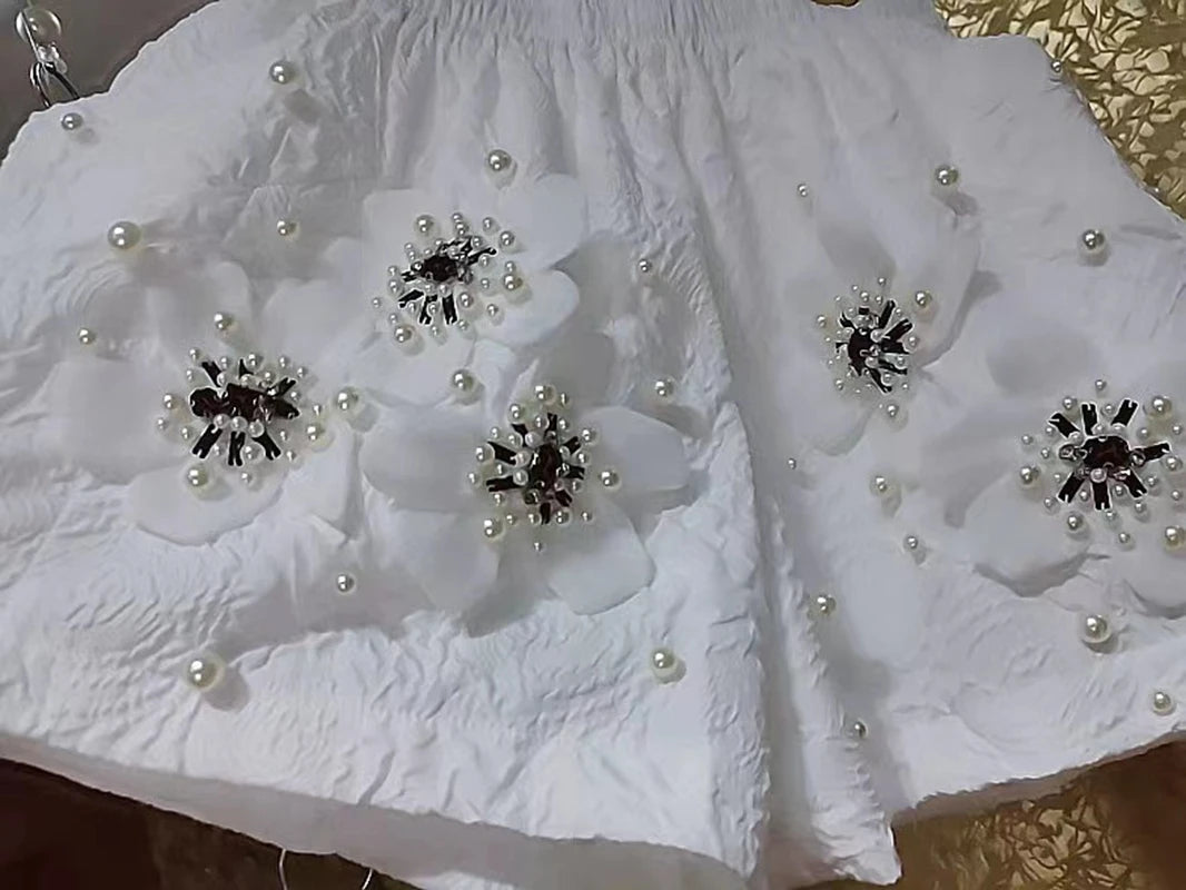 Luxury Style Pearls Beaded 3D Flower Wide Leg Shorts Women's Short Pants Elastic Waist