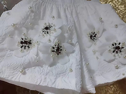 Luxury Style Pearls Beaded 3D Flower Wide Leg Shorts Women's Short Pants Elastic Waist