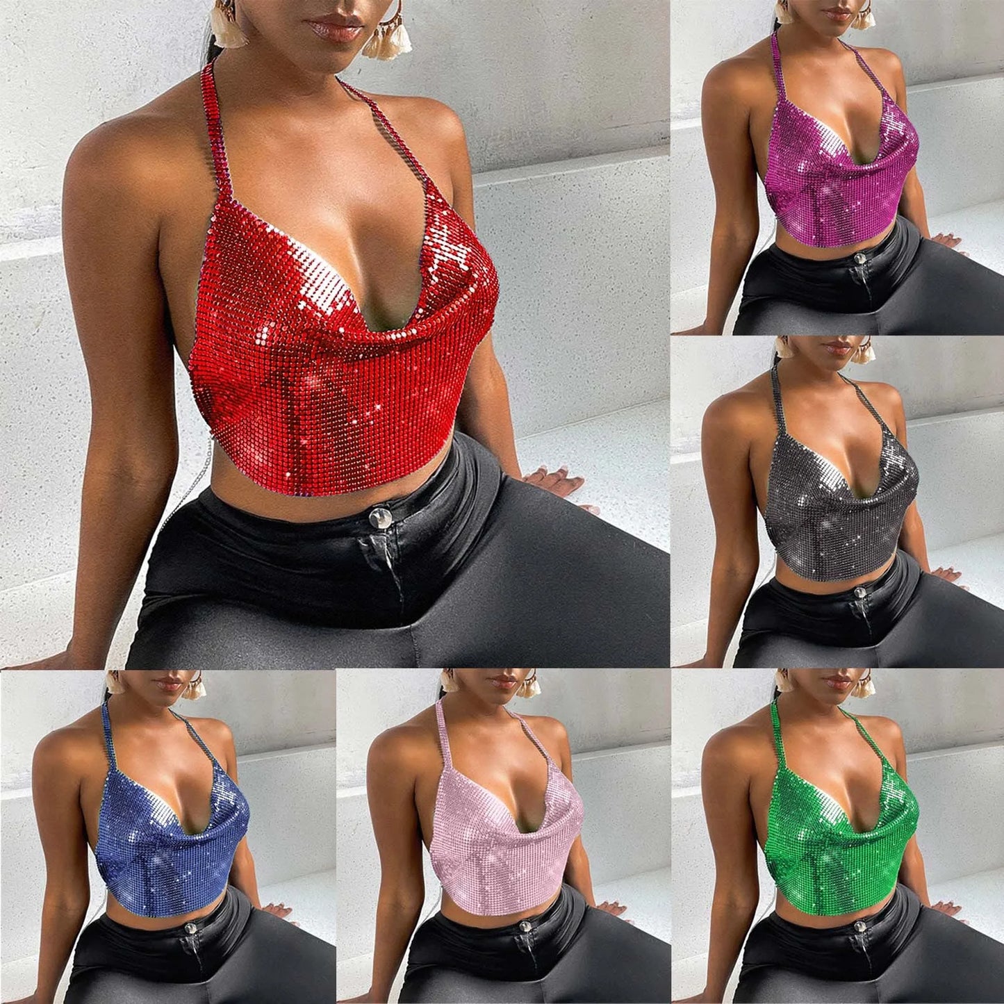 Sexy Sequins Metal Crop Tops Women Suspenders Halter Backless Night Club Tank Top