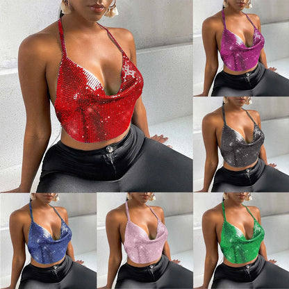 Sexy Sequins Metal Crop Tops Women Suspenders Halter Backless Night Club Tank Top