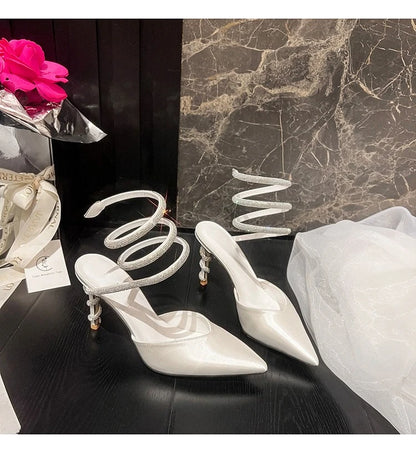 Women's Sexy Snake-Strap Rhinestone Suede Pointed High-heeled Wedding Shoes