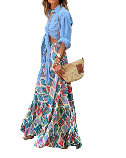 Bohemian Style Printed A-line Skirt Women Fashion Beach Vacation Loose Drawstring Ruffles Skirts Female  Summer New Streetwear