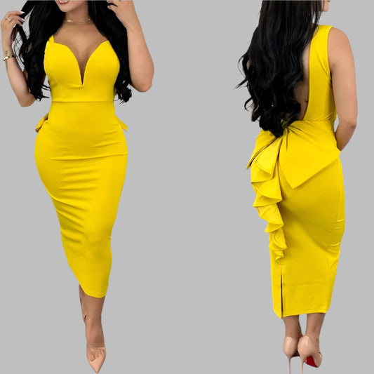 Sexy Plunging V-neck Backless Bowknot Ruffles Bodycon Midi Dresses for Women Party Night Elegant Club Celebrity Prom Dress