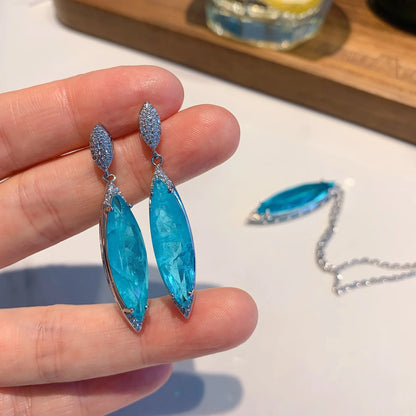 Blue Paraiba Crystal Gemstone Pendant Necklace Jewelry Set Gift for Women
