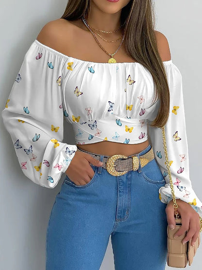 Women Sexy Off Shoulder Print Blouses Chic and Elegant Lantern Long Sleeve Cropped Top