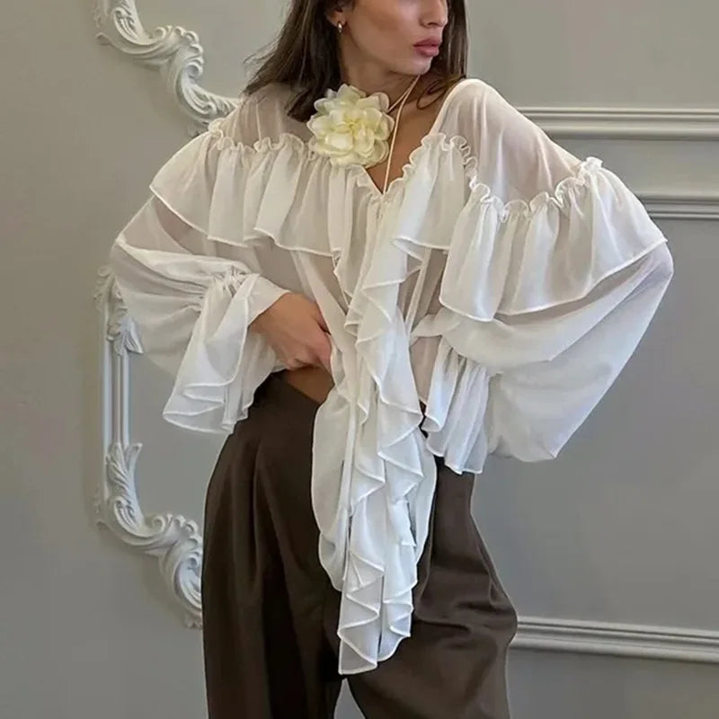 White Chiffon Shirt Women's V-Neck Sexy See Through Shirt Beach Ruffle Blouse