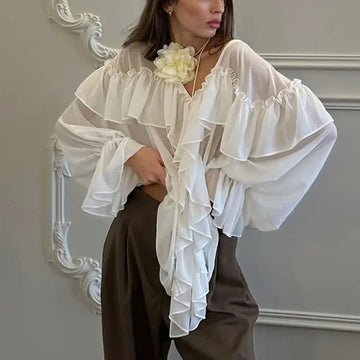 White Chiffon Shirt Women's V-Neck Sexy See Through Shirt Beach Ruffle Blouse