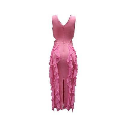 Wedding Guest Dress Women Sleeveless V-neck Ruffle Bodycon Midi Dress Birthday Outfit