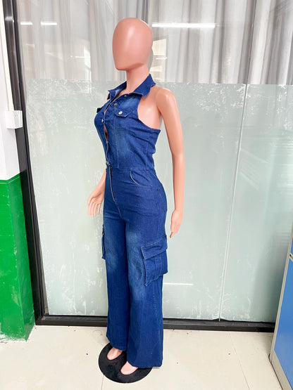 Denim Cargo Romper Sexy Women Halter Elegant Denim Casual Jumpsuit Overalls