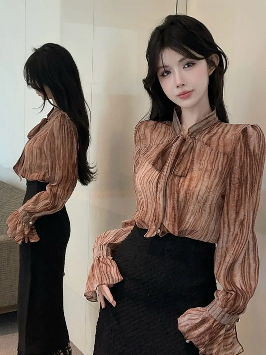 Retro Bow Tie Shiny Thread Striped Shirt French Style Premium Top
