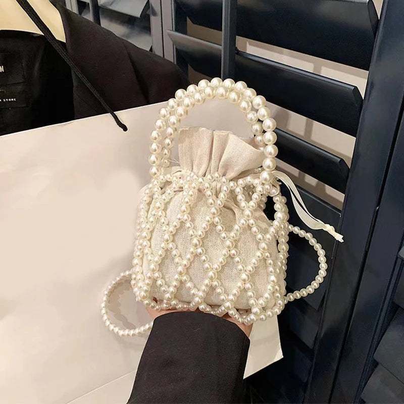 Luxury Pearl Women Bucket Tote Bag Woven Pearl Crossbody Bags for Women Small Wallet