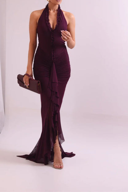 Halter V Neck Backless Sexy Maxi Dress Women Evening Gown Ruffle Dress